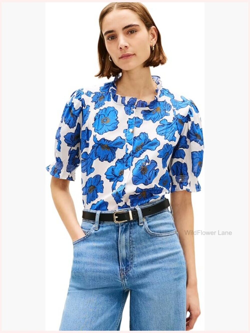 Women's Short Sleeve Button Down Blouse with Puff Sleeve
